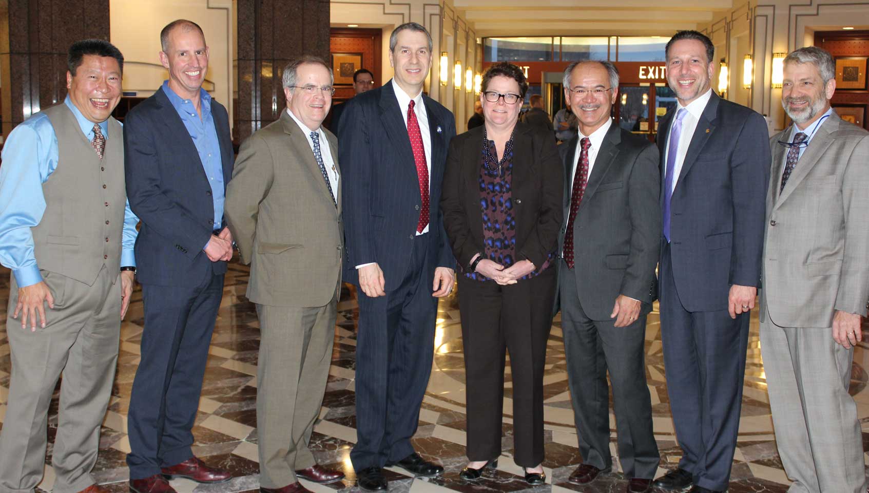L-R: Sen. Tony Hwang, R-28; PIA National Director and PIACT past President Timothy G. Russell, CPCU; PIACT Member John Walsh; 2016 PIACT Legislator of the Year Rep. Brian Becker, D-19; Insurance Commissioner Katharine L. Wade; PIACT past President Augusto Russell, CIC; PIACT past President Howard S. Olderman; and PIACT past President James R. Berliner, CPCU.