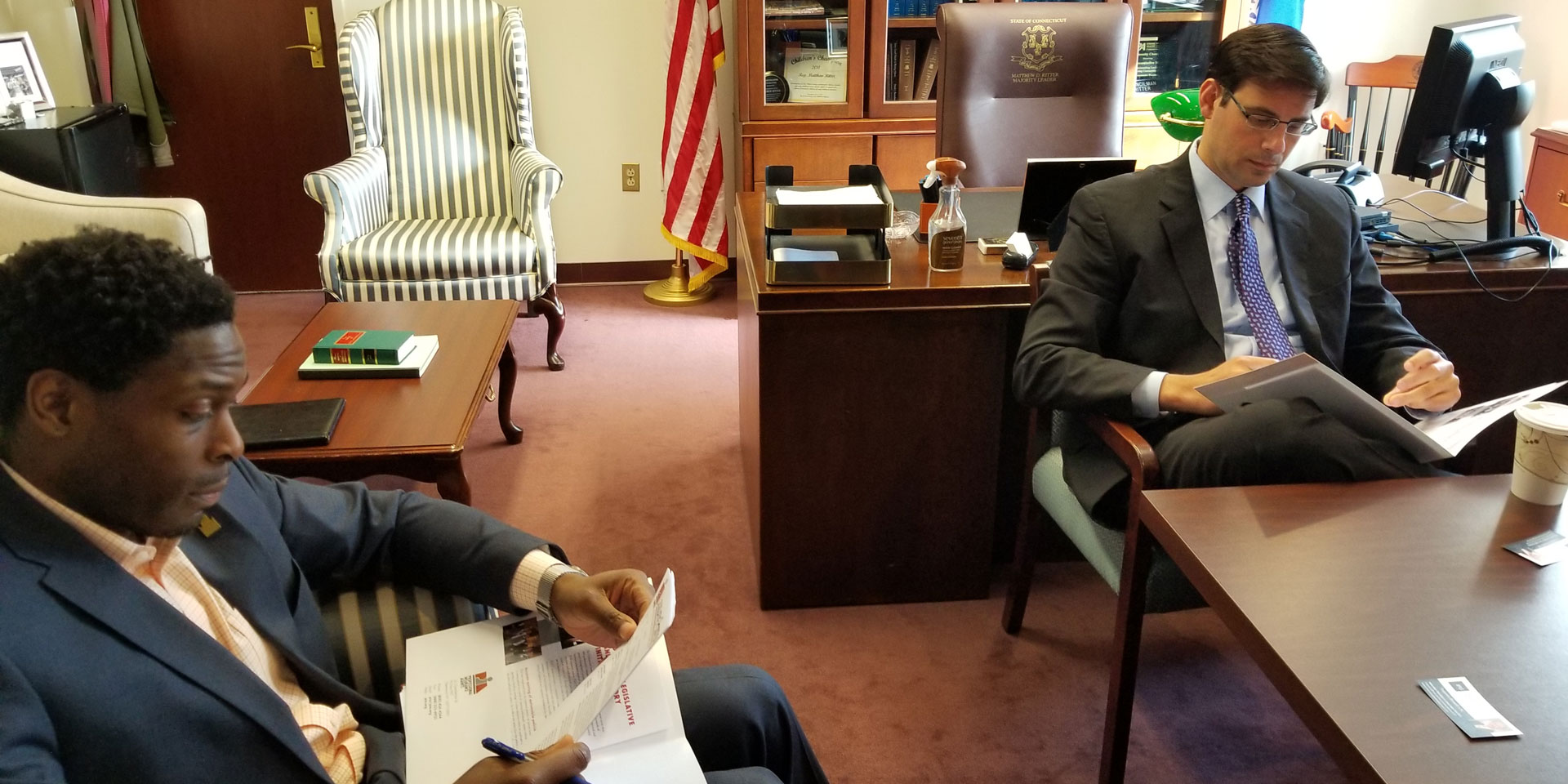 L-R: Franklin Perry, director of policy and legislative affairs to House Majority Leader Matt Ritter, D-1; and Richard Baltimore, chief advisory and legal counsel to the House Majority Leader Matt Ritter, D-1.