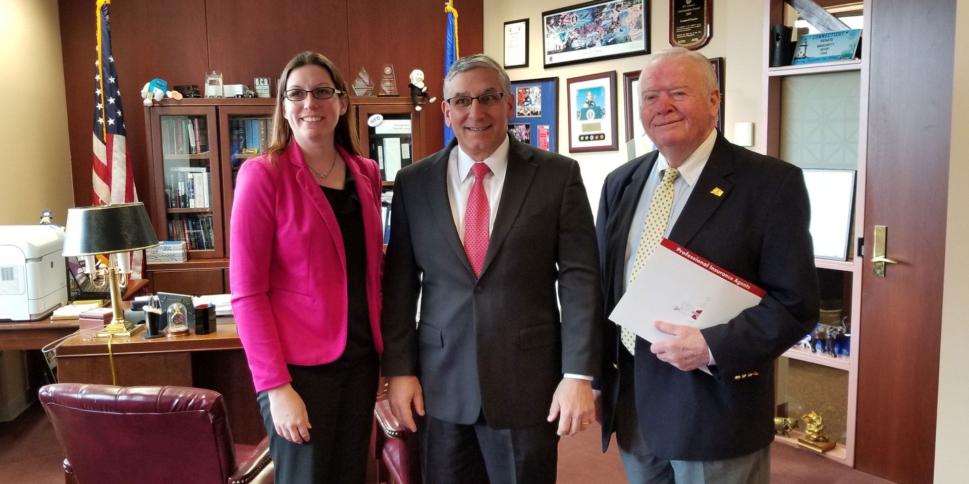 L-R: PIACT-YIP President Katie Bailey; Senate Republican President Pro-Tempore Len Fasano, R-34; and PIACT past President Robert C. Shanley, CIC.