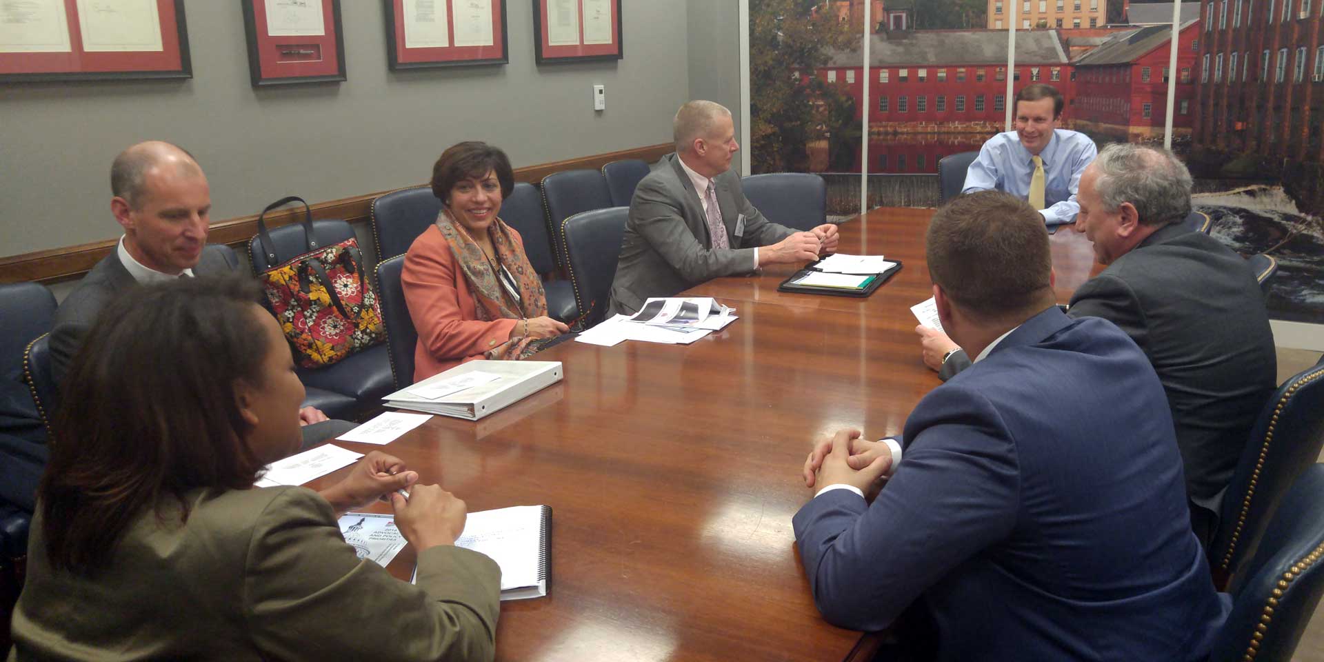 L-R: Counsel to Sen. Christopher S. Murphy, D-Conn., Cynthia Pullom; PIACT past President Timothy G. Russell, CPCU; PIACT President Loretta Lesko, CIC; PIACT Member Rob Lesko; Sen. Christopher S. Murphy, D-Conn.; PIACT past President James Pascarella, CPCU; and PIACT-YIP President Nick Khamarji Jr.