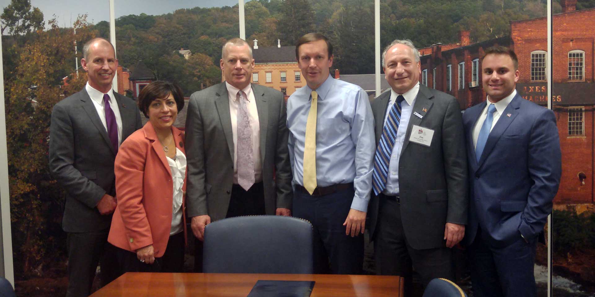 L-R: PIA National Director and PIACT past President Timothy G. Russell, CPCU; PIACT President Loretta Lesko, CIC; PIACT Member Rob Lesko; Sen. Christopher S. Murphy, D-Conn.; PIACT past President James Pascarella, CPCU; and PIACT-YIP President Nick Khamarji Jr.