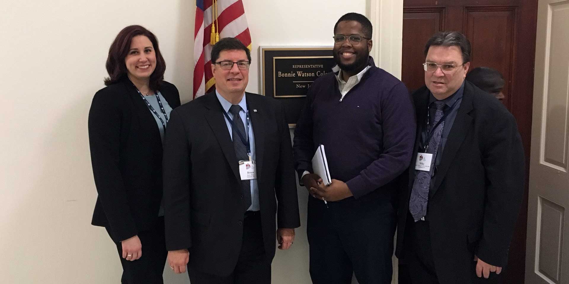 L-R: PIANJ-YIP Natalie Bruno, CPIA; PIANJ Treasurer Bruce Blum; Legislative Director for Rep. Bonnie Watson-Coleman, D-12, Michael Reed; and PIANJ Director Michael J. Merwin, CIC, CRM, CPCU, MBA, CRIS.