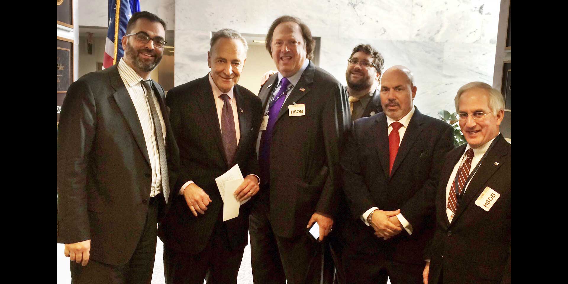 L-R: PIANY Director Anthony Kammas; Sen. Charles D. Schumer, D-N.Y.; PIANY past President Jeffrey H. Greenfield; PIANY-YIP President Jason E. Bartow; PIANY past President Richard A. Savino, CIC, CPIA; and PIANY Vice President Fred Holender, CLU, CPCU, ChFC, MSFS.