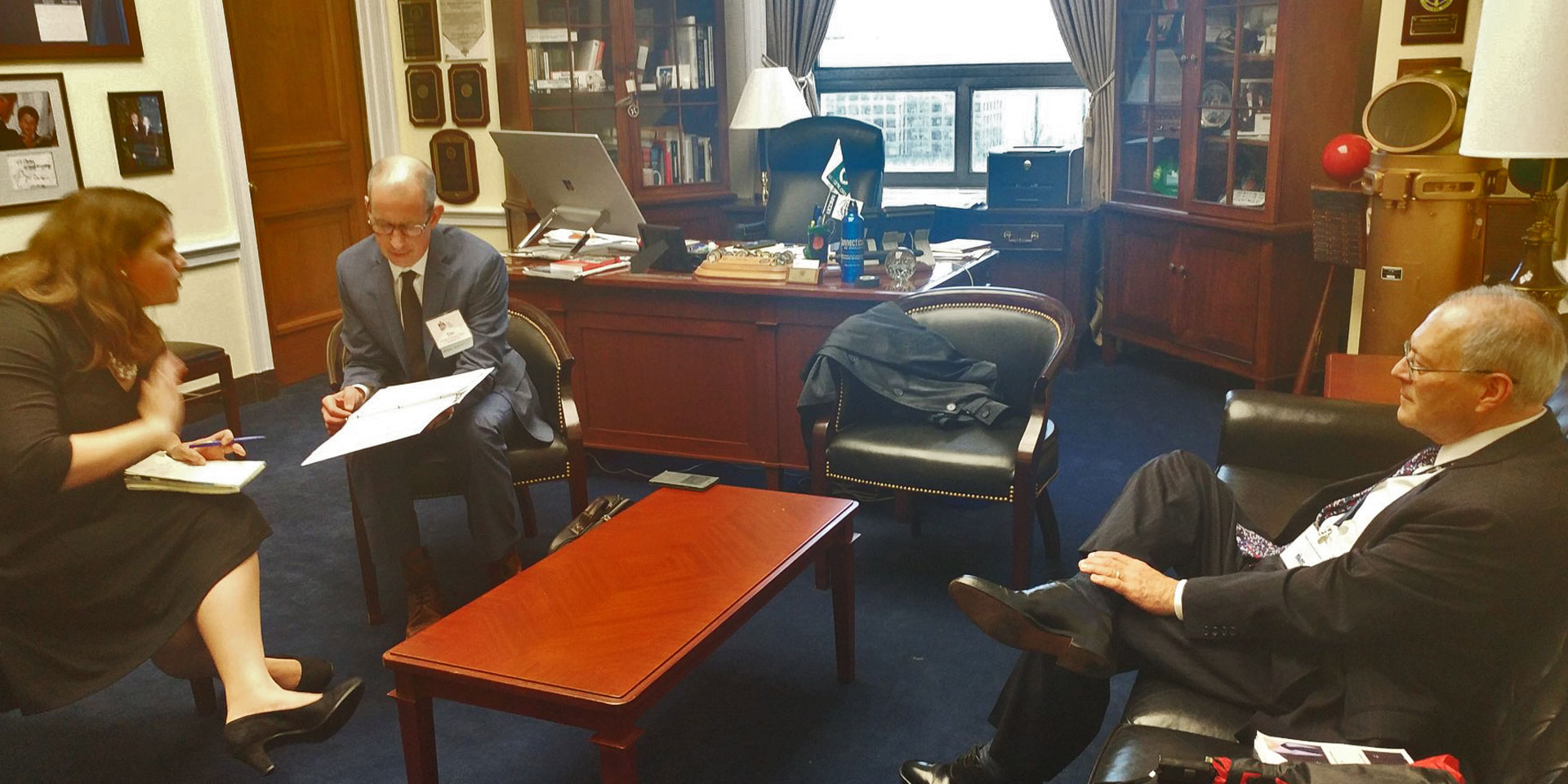 L-R: Beata Fogarasi, legislative assistant to Rep. Joe Courtney, D-2; PIA National Director and PIACT past President Timothy G. Russell, CPCU; and PIACT past President Jonathan Black, LUTCF, CPIA, CLTC.