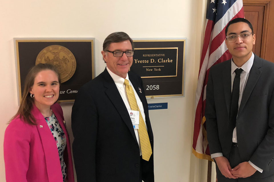 
L-R: PIANY Government & Industry Affairs Specialist Katherine “Kat” Slye; PIANY Director Gary Slavin, CLUTC, CIC; legislative intern to Rep. Yvette D. Clarke, D-9, Jose A. Sanchez Montilla.